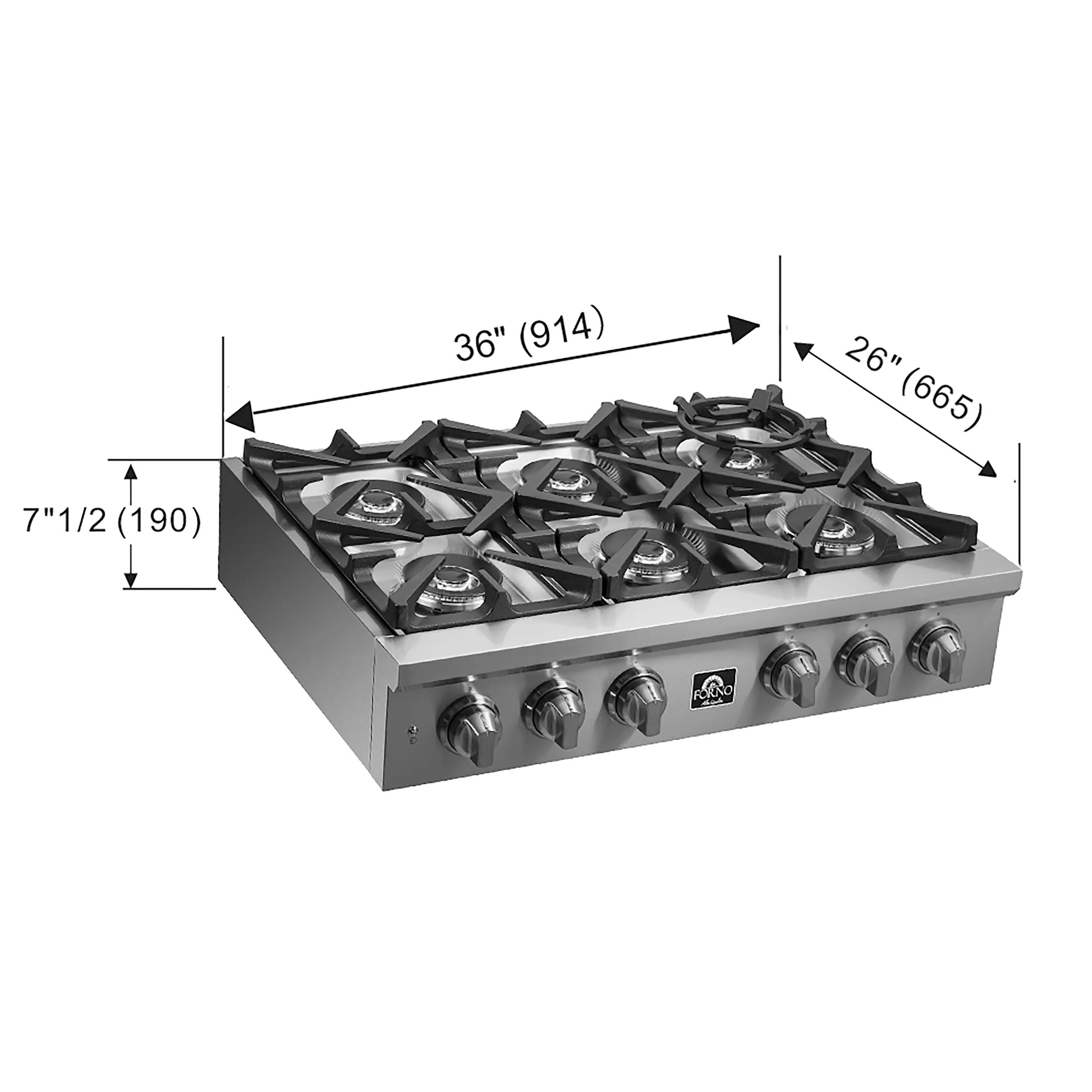 Forno Spezia Alta Qualita 36-Inch Pro-Style Gas Rangetop, Stainless Steel, 6 Sealed Burners, Continuous Cast Iron Grates, High Heat Output - Image 7